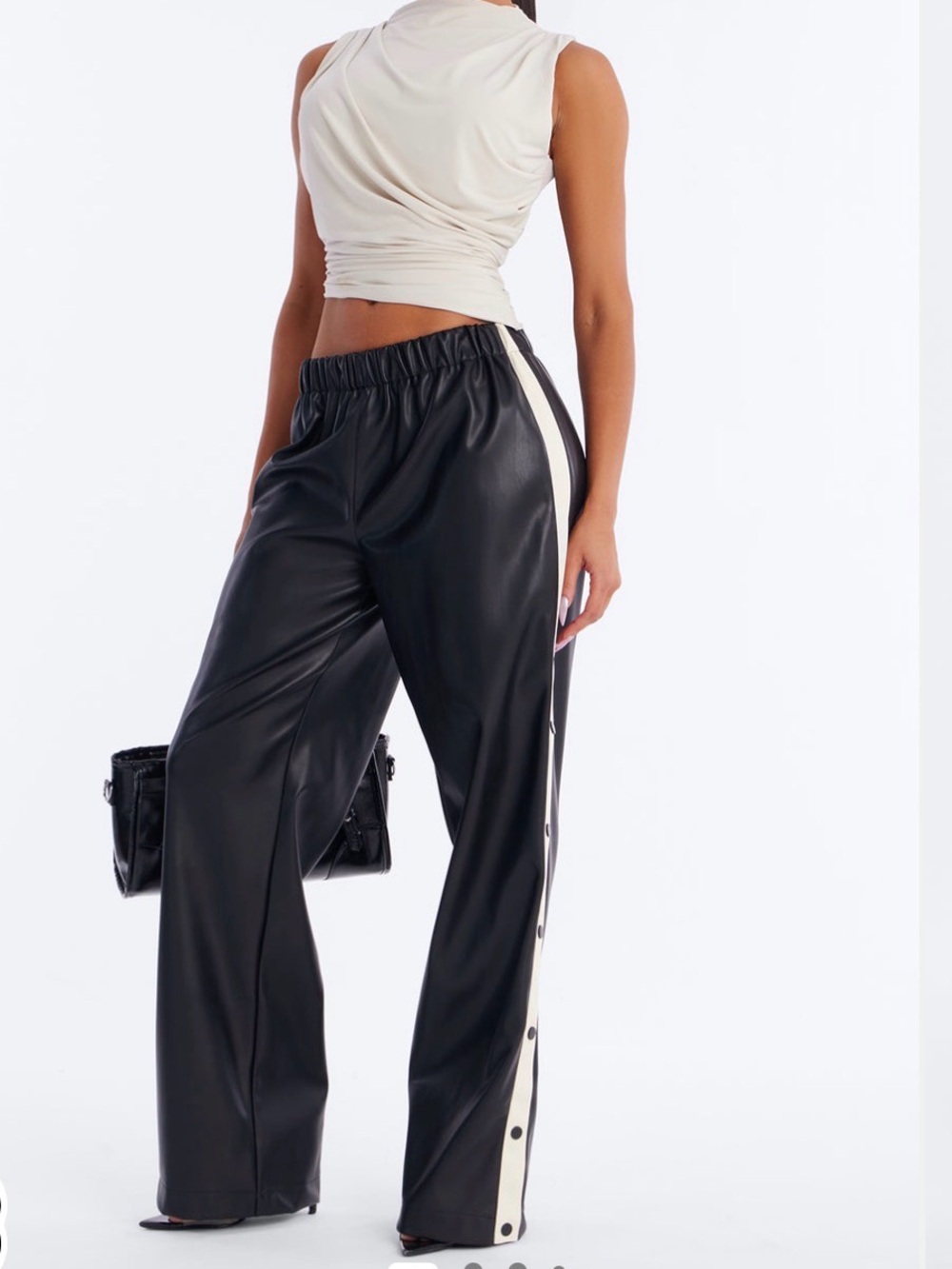 Fashion Nova Black Faux Leather Track Pants with Cream Side Stripe